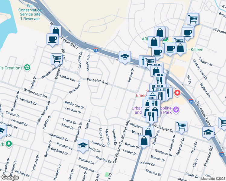 map of restaurants, bars, coffee shops, grocery stores, and more near 1207 Ridgemont Drive in Killeen