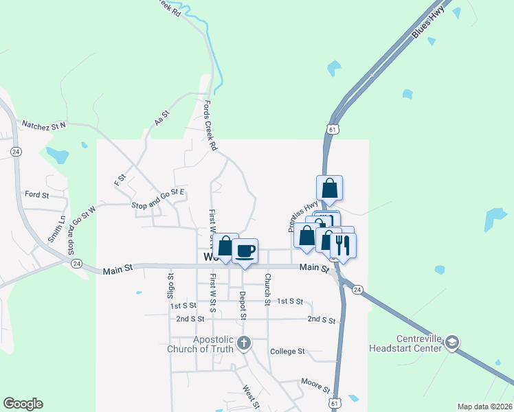 map of restaurants, bars, coffee shops, grocery stores, and more near 404 Fords Creek Road in Woodville