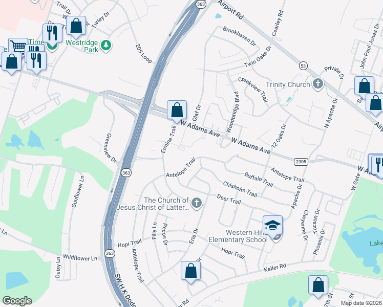 map of restaurants, bars, coffee shops, grocery stores, and more near 4106 Antelope Trail in Temple