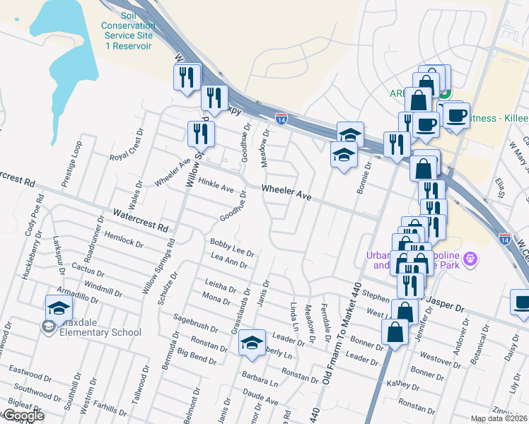 map of restaurants, bars, coffee shops, grocery stores, and more near 1218 Crestridge Drive in Killeen