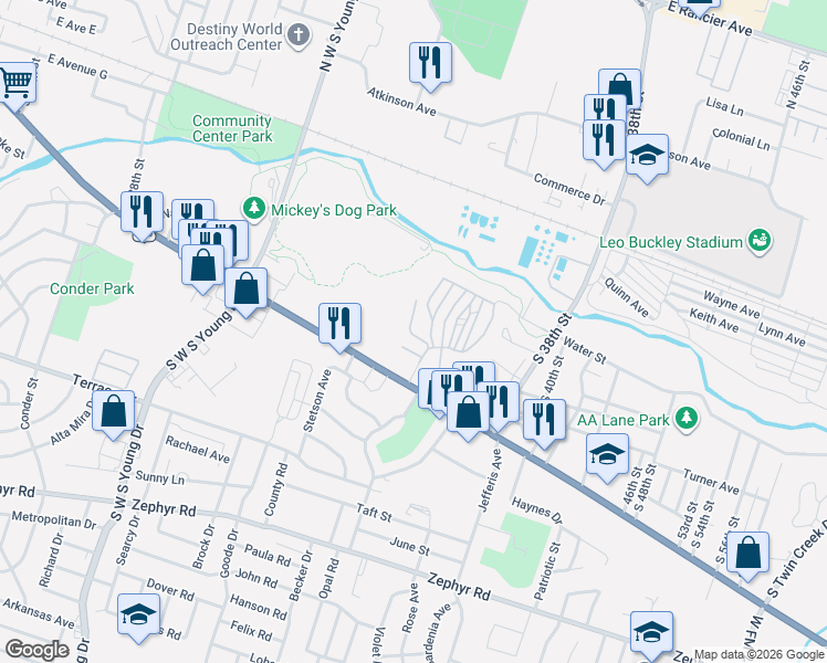 map of restaurants, bars, coffee shops, grocery stores, and more near 2821 Cherry Lane in Killeen