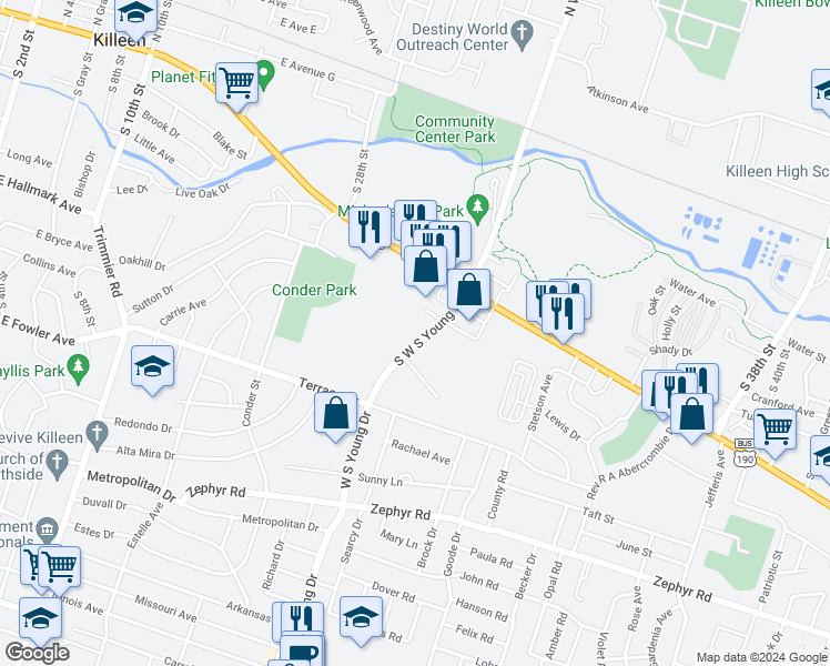 map of restaurants, bars, coffee shops, grocery stores, and more near 800 South West South Young Drive in Killeen