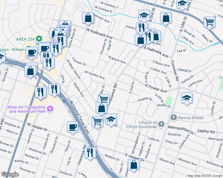 map of restaurants, bars, coffee shops, grocery stores, and more near in Killeen