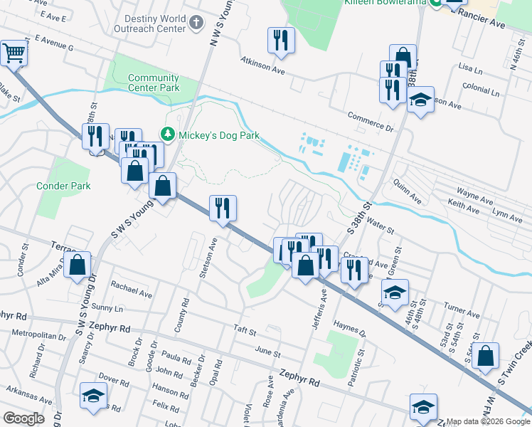 map of restaurants, bars, coffee shops, grocery stores, and more near 2821 Cherry Lane in Killeen