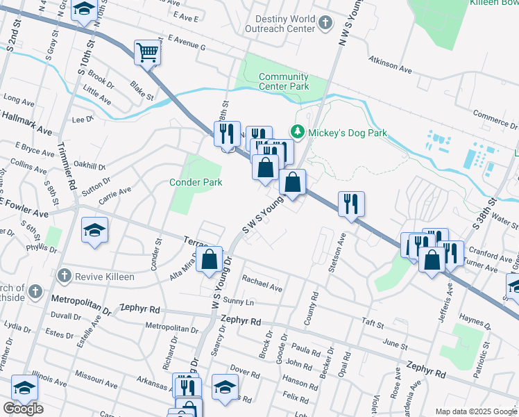 map of restaurants, bars, coffee shops, grocery stores, and more near 800 South West South Young Drive in Killeen
