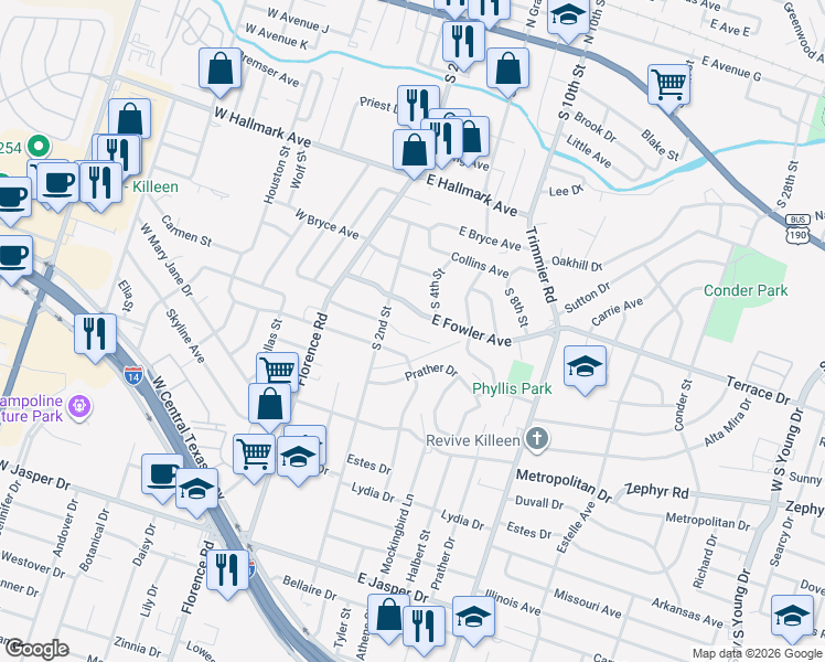 map of restaurants, bars, coffee shops, grocery stores, and more near 105 East Vardeman Avenue in Killeen