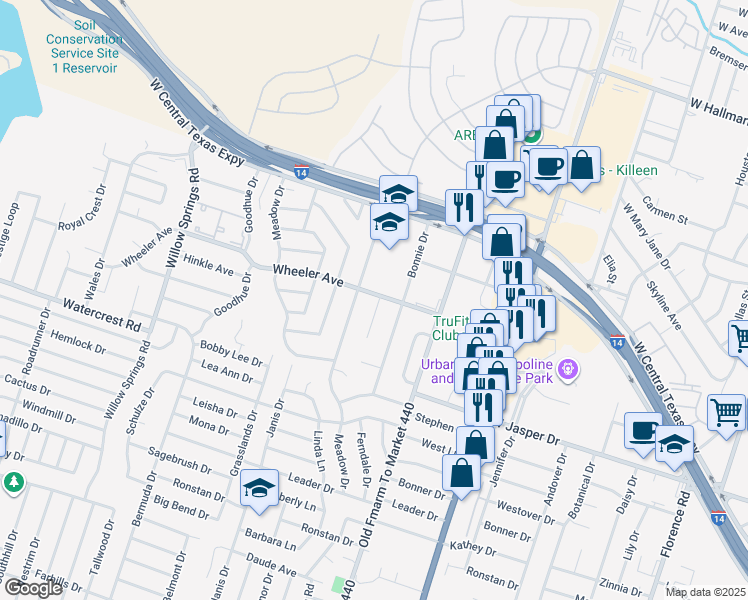 map of restaurants, bars, coffee shops, grocery stores, and more near 1207 Ridgemont Drive in Killeen