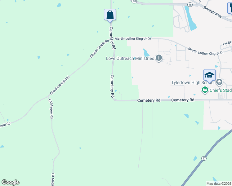 map of restaurants, bars, coffee shops, grocery stores, and more near 145 Cemetery Road in Tylertown