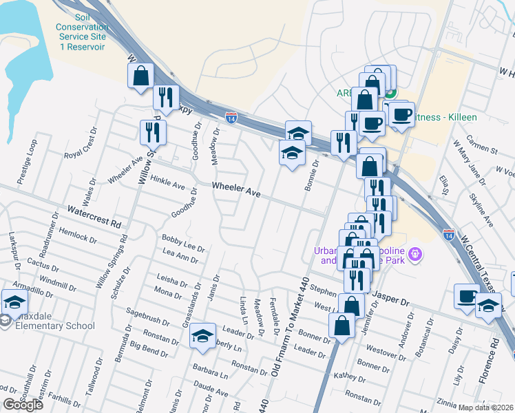 map of restaurants, bars, coffee shops, grocery stores, and more near 1210 Chippendale Drive in Killeen