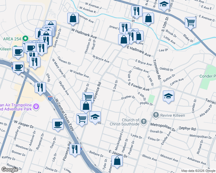 map of restaurants, bars, coffee shops, grocery stores, and more near 108 West Vardeman Avenue in Killeen
