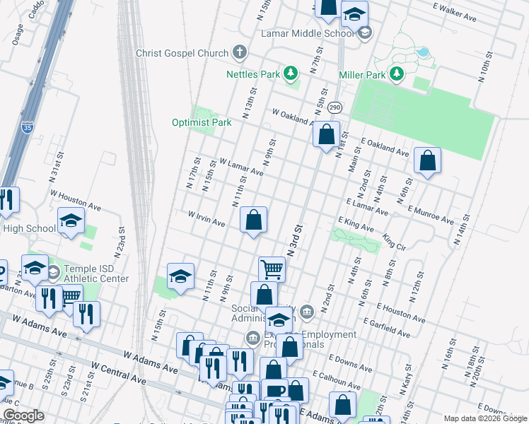 map of restaurants, bars, coffee shops, grocery stores, and more near 1000 North 7th Street in Temple