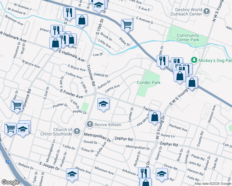 map of restaurants, bars, coffee shops, grocery stores, and more near 920 Wells Street in Killeen
