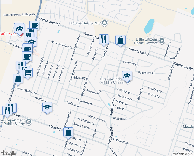 map of restaurants, bars, coffee shops, grocery stores, and more near 4111 Bull Run Drive in Killeen