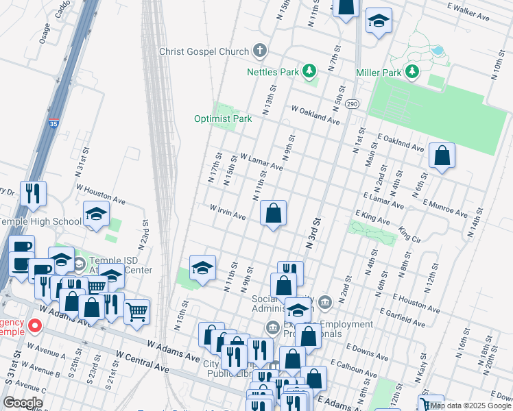 map of restaurants, bars, coffee shops, grocery stores, and more near 900 North 11th Street in Temple