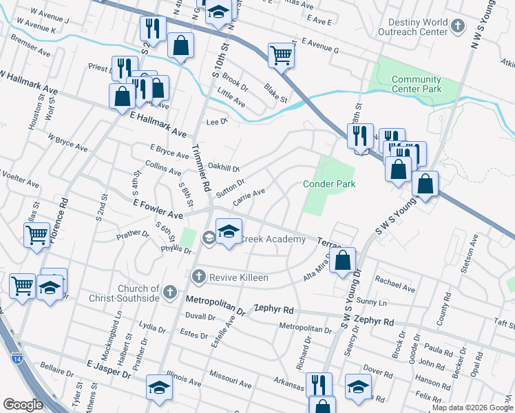 map of restaurants, bars, coffee shops, grocery stores, and more near 920 Wells Street in Killeen