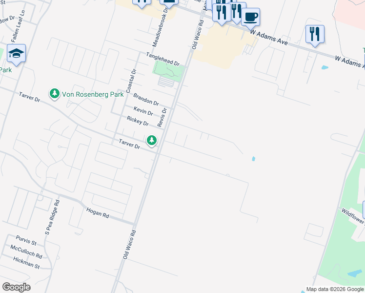 map of restaurants, bars, coffee shops, grocery stores, and more near 6711 Venus Drive in Temple