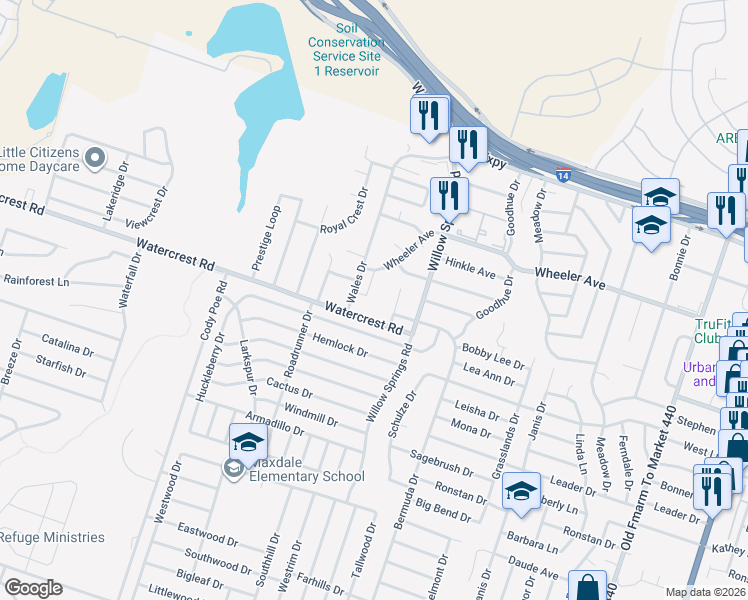map of restaurants, bars, coffee shops, grocery stores, and more near 1320 Wales Drive in Killeen