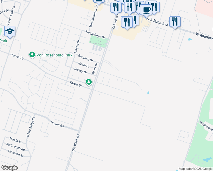 map of restaurants, bars, coffee shops, grocery stores, and more near 6711 Venus Drive in Temple