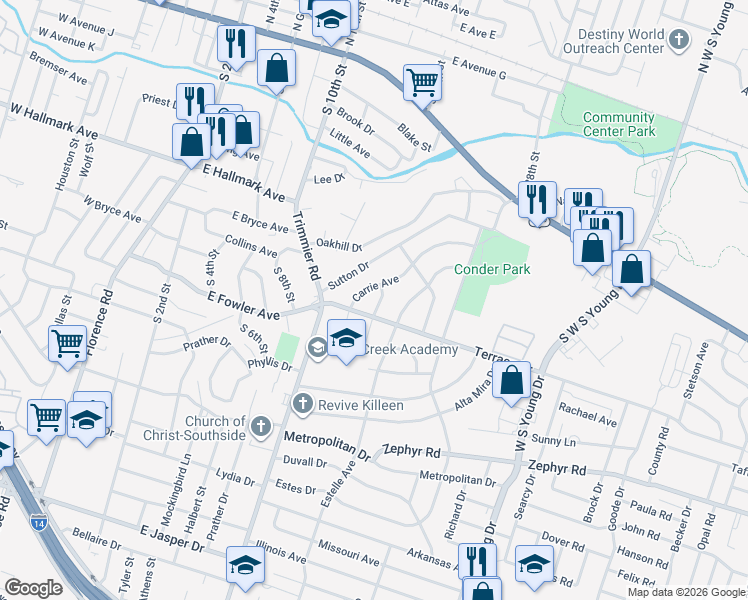 map of restaurants, bars, coffee shops, grocery stores, and more near 920 Wells Street in Killeen