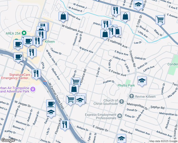 map of restaurants, bars, coffee shops, grocery stores, and more near 108 West Vardeman Avenue in Killeen
