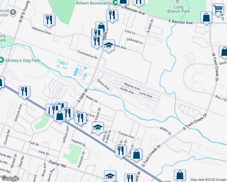 map of restaurants, bars, coffee shops, grocery stores, and more near 206 South 38th Street in Killeen