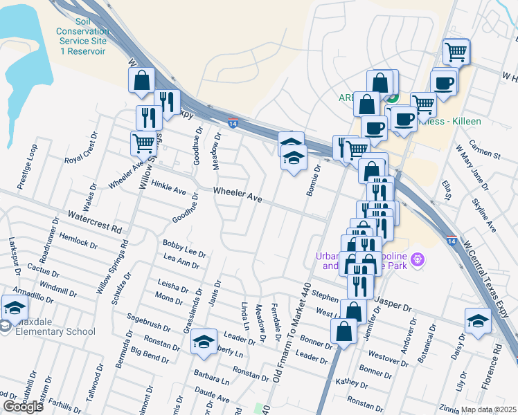 map of restaurants, bars, coffee shops, grocery stores, and more near 1210 Chippendale Drive in Killeen