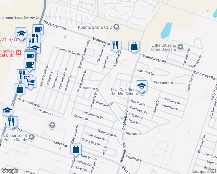 map of restaurants, bars, coffee shops, grocery stores, and more near 2708 Seabiscuit Drive in Killeen