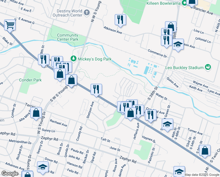 map of restaurants, bars, coffee shops, grocery stores, and more near 2819 East Veterans Memorial Boulevard in Killeen