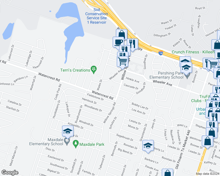 map of restaurants, bars, coffee shops, grocery stores, and more near 2225 Wheeler Avenue in Killeen