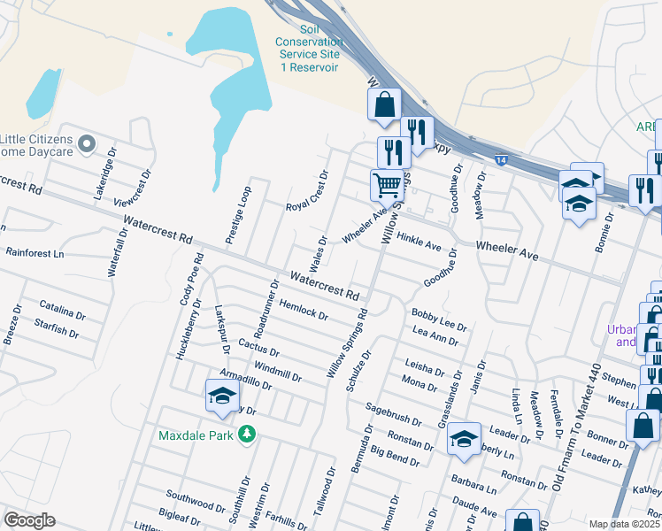 map of restaurants, bars, coffee shops, grocery stores, and more near 2225 Wheeler Avenue in Killeen