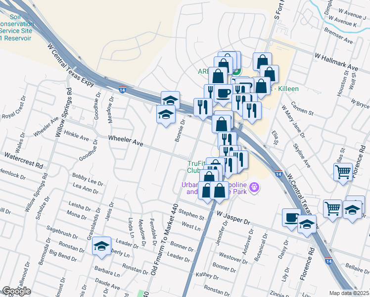 map of restaurants, bars, coffee shops, grocery stores, and more near 1121 Old FM 440 Road in Killeen