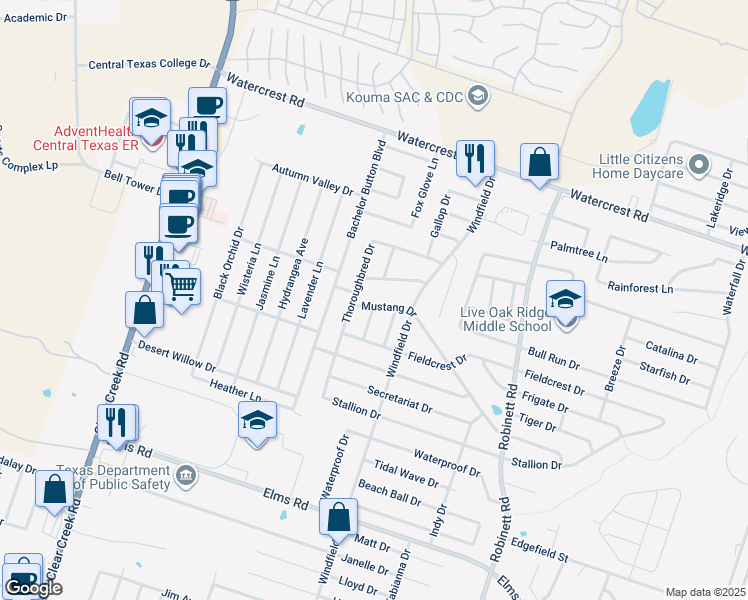 map of restaurants, bars, coffee shops, grocery stores, and more near 4605 Mustang Drive in Killeen