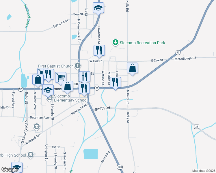 map of restaurants, bars, coffee shops, grocery stores, and more near 138 Watson Street in Slocomb