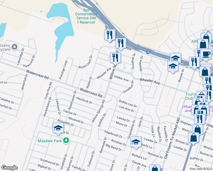map of restaurants, bars, coffee shops, grocery stores, and more near 2205 Cascade Drive in Killeen