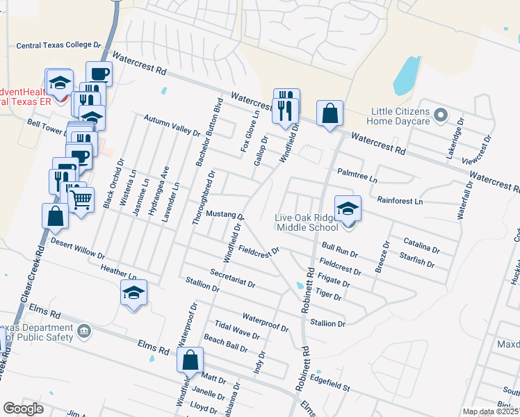 map of restaurants, bars, coffee shops, grocery stores, and more near 2707 Seabiscuit Drive in Killeen