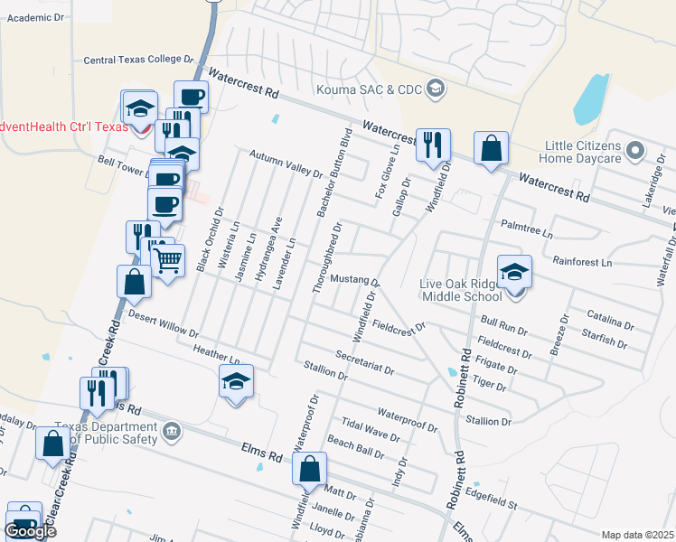 map of restaurants, bars, coffee shops, grocery stores, and more near 2705 Thoroughbred Drive in Killeen