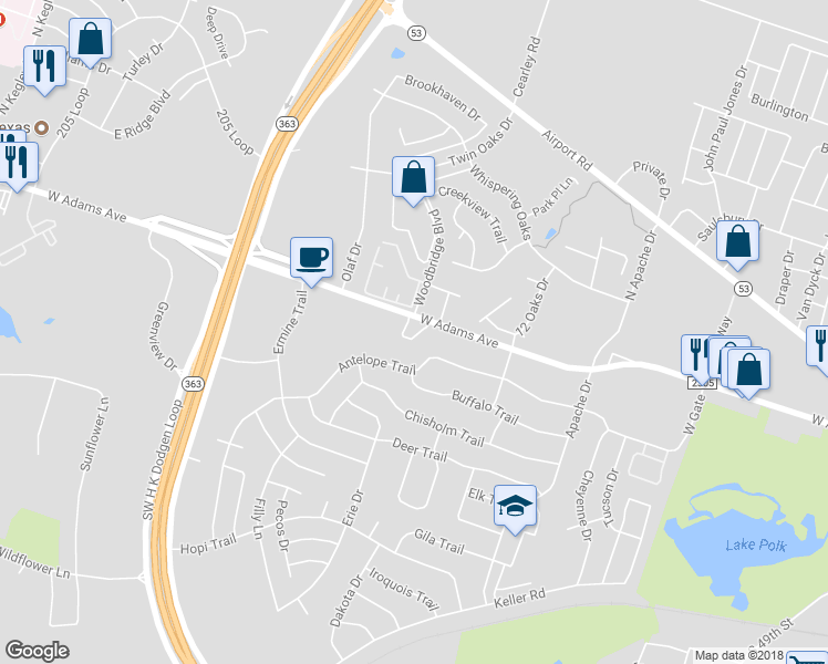 map of restaurants, bars, coffee shops, grocery stores, and more near 3906 River Oaks Circle in Temple