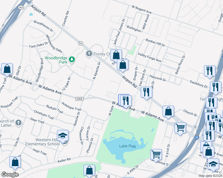 map of restaurants, bars, coffee shops, grocery stores, and more near 3000 West Adams Avenue in Temple