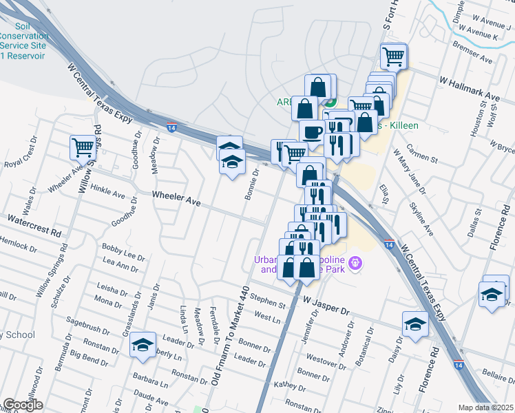 map of restaurants, bars, coffee shops, grocery stores, and more near 2 Pershing Drive in Killeen