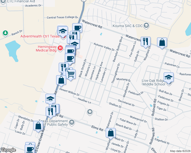 map of restaurants, bars, coffee shops, grocery stores, and more near 2803 Hydrangea Avenue in Killeen