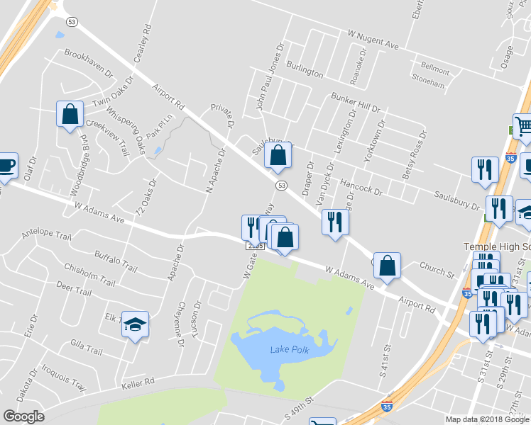 map of restaurants, bars, coffee shops, grocery stores, and more near 2912 West Adams Avenue in Temple