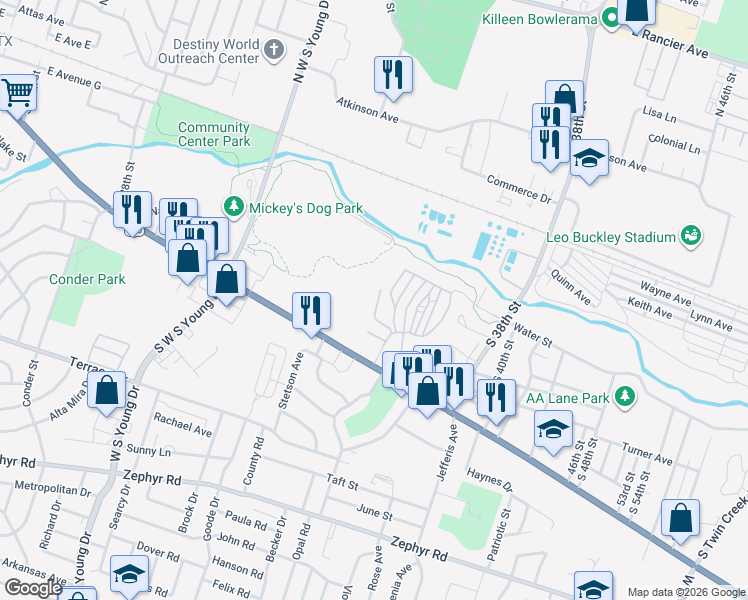 map of restaurants, bars, coffee shops, grocery stores, and more near 2819 East Veterans Memorial Boulevard in Killeen
