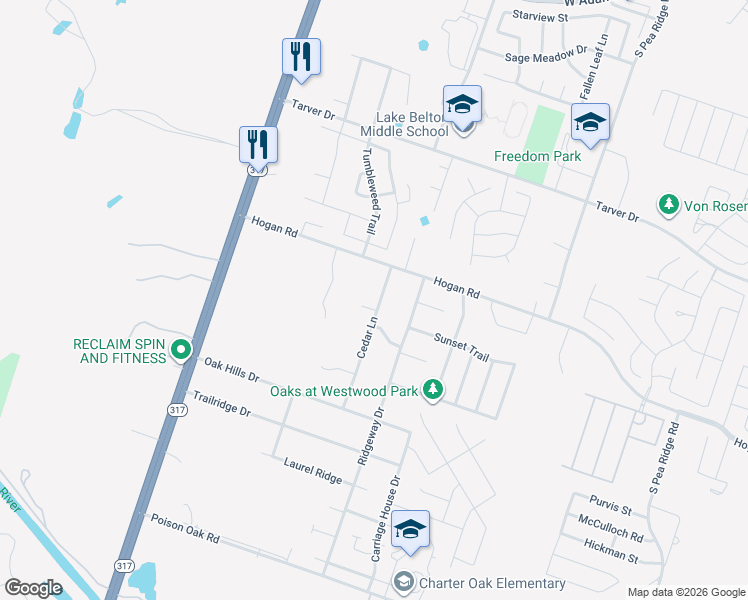 map of restaurants, bars, coffee shops, grocery stores, and more near 1418 Cedar Lane in Temple