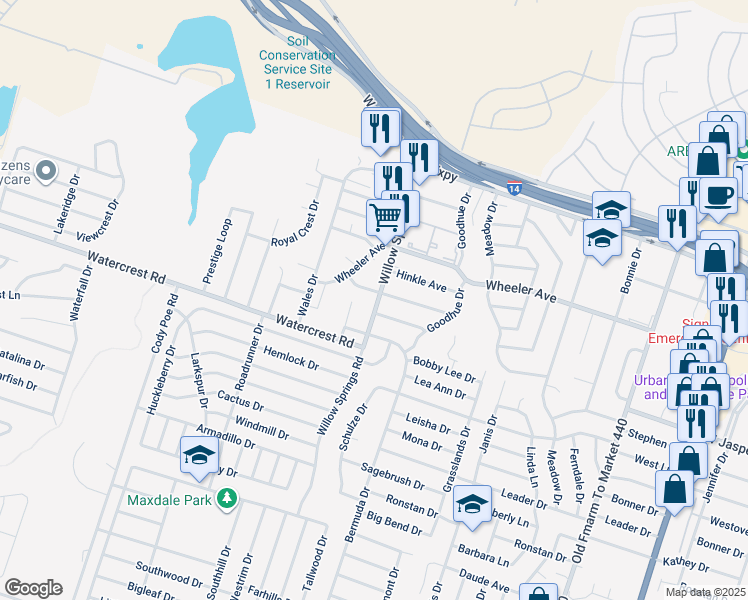 map of restaurants, bars, coffee shops, grocery stores, and more near 2205 Cascade Drive in Killeen