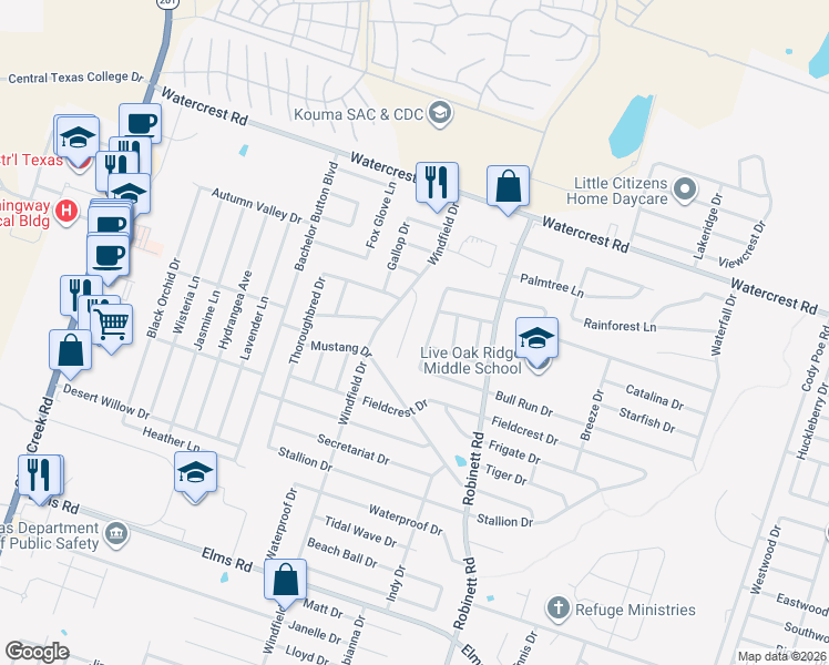 map of restaurants, bars, coffee shops, grocery stores, and more near 2704 Seabiscuit Drive in Killeen