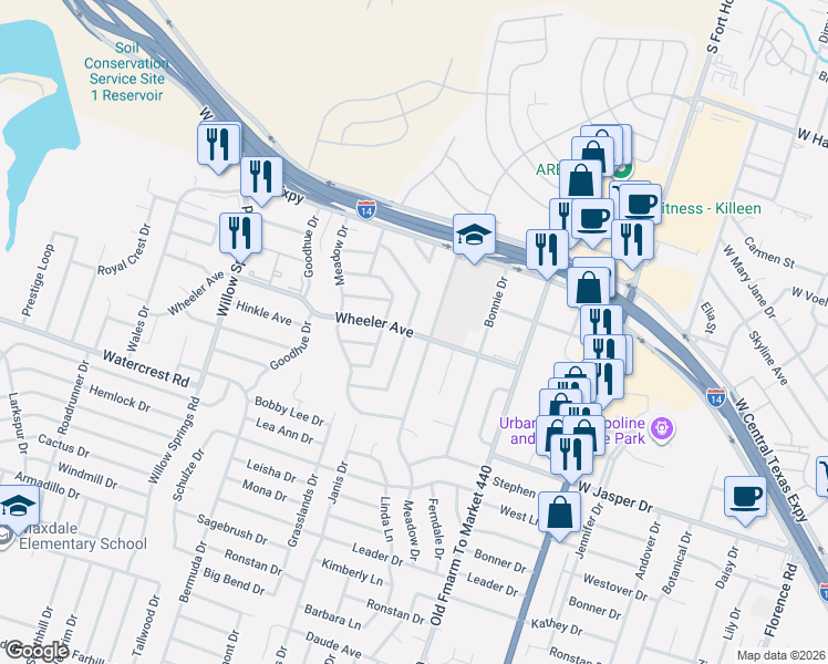 map of restaurants, bars, coffee shops, grocery stores, and more near 1128 Crestridge Drive in Killeen