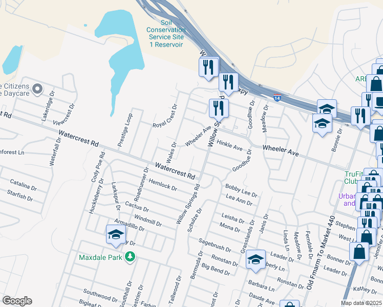 map of restaurants, bars, coffee shops, grocery stores, and more near 2225 Wheeler Avenue in Killeen