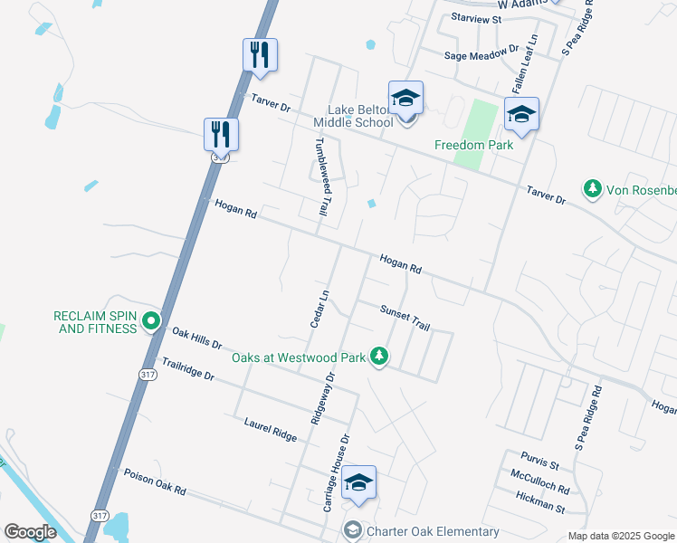 map of restaurants, bars, coffee shops, grocery stores, and more near 1418 Cedar Lane in Temple