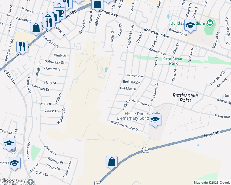 map of restaurants, bars, coffee shops, grocery stores, and more near 502 Del Mar Drive in Copperas Cove