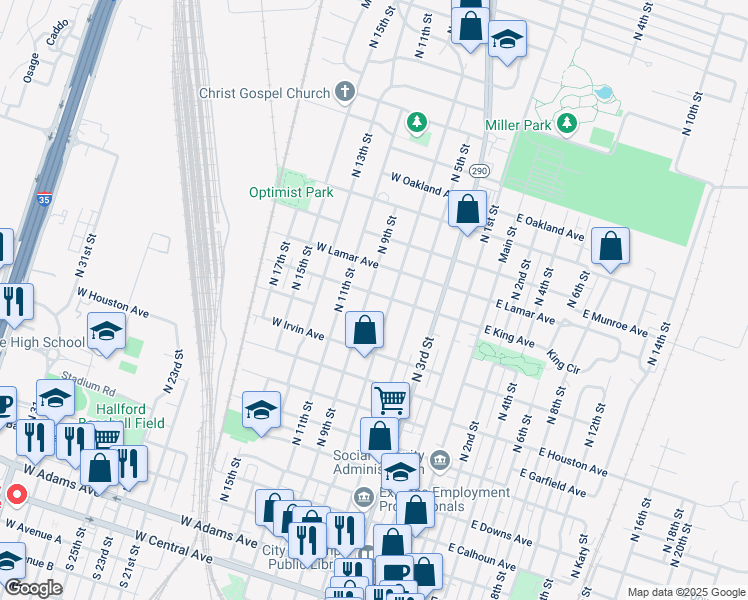 map of restaurants, bars, coffee shops, grocery stores, and more near 1020 North 9th Street in Temple